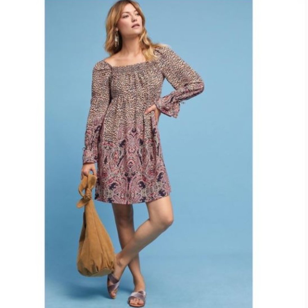 Anthropologie Milou Babydoll Dress by Maeve in Brown Motif – Size X-Small